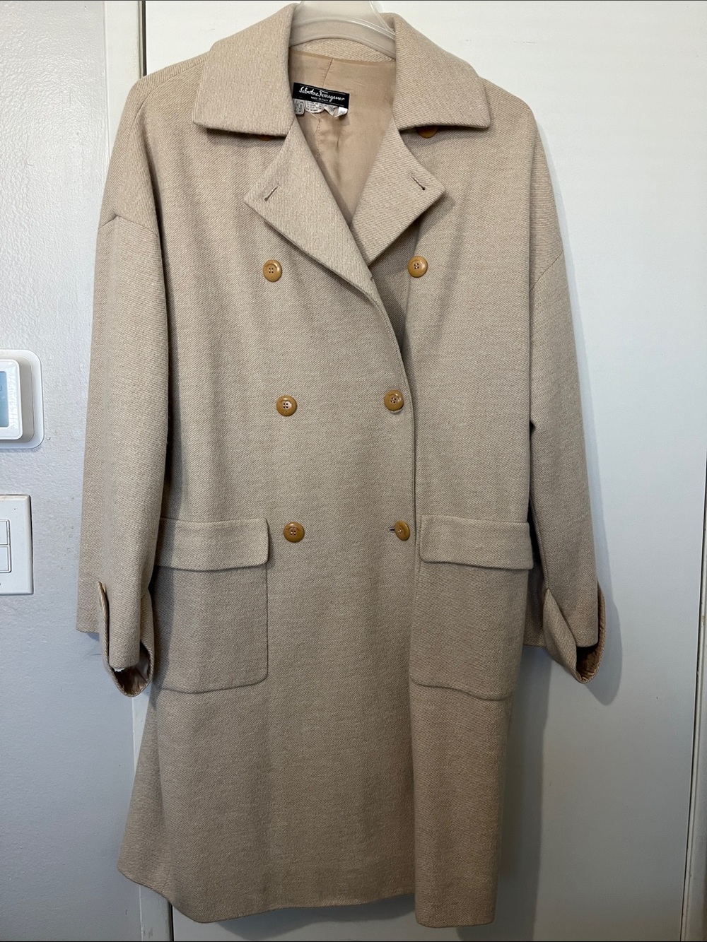 Salvatore Ferragamo Light Beige Double-Breasted Wool blended Pea Coat size 10